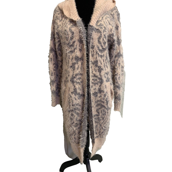 Joh Hoodie Sweater Womens S / M Open Front Long Soft Fuzzy Pink Pattern Cardigan - Picture 9 of 16